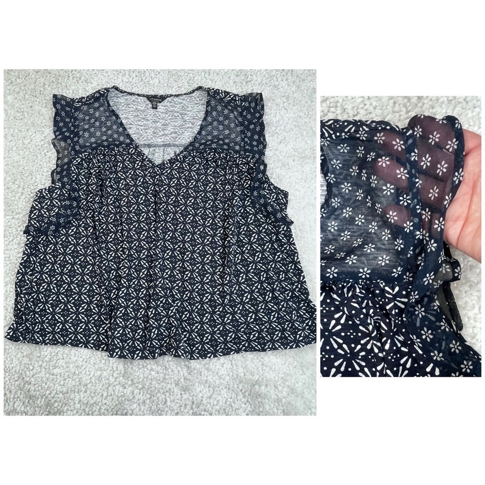 Lucky Brand Navy blue white Sleeveless Ruffle floral geometric Navy Blue 2X